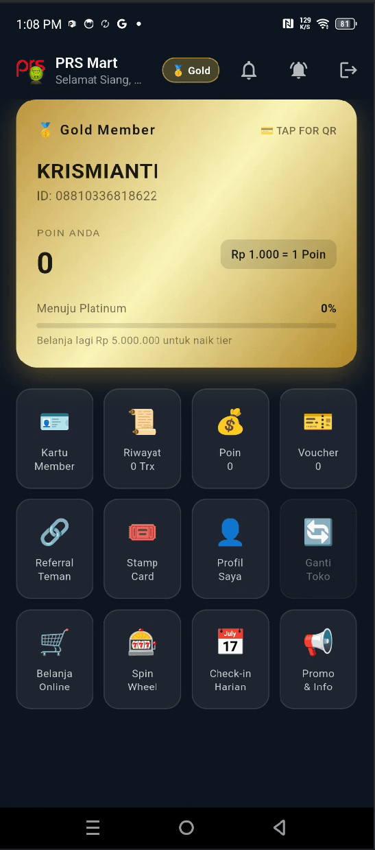 PRS Mobile Member Dashboard — Kartu Member Digital, Poin Reward, Voucher