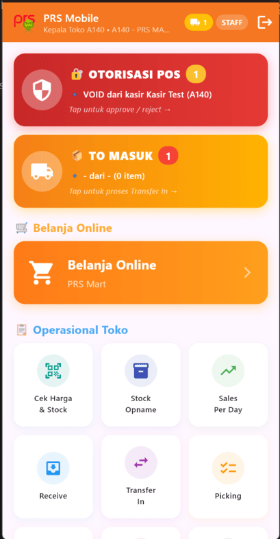 PRS Mobile Staff Dashboard — Otorisasi POS, Stock Opname, Operasional Toko