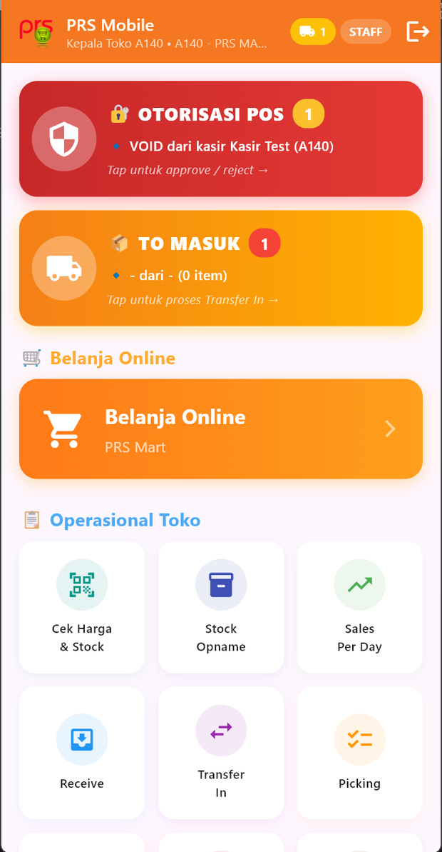 Layar utama aplikasi PRS Mobile: otorisasi POS, transfer masuk, dan menu operasional toko seperti stock opname, receive, dan picking